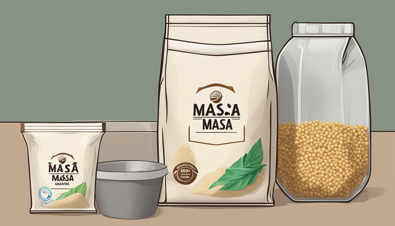 A bag of masa harina sits on a clean, dry shelf next to a sealed container of the same product. The packaging is intact and free of any signs of spoilage