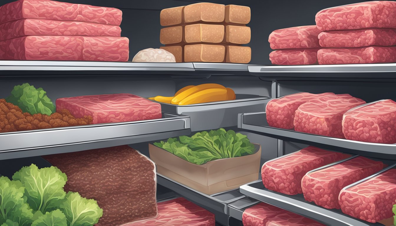 A refrigerator with shelves of ground beef in various packaging, some fresh and some spoiled, highlighting the importance of proper storage