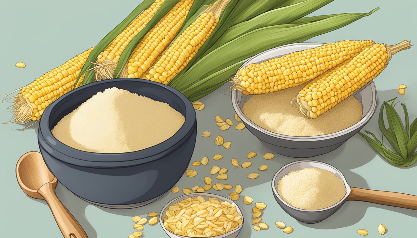 A bag of masa harina sits on a kitchen counter, surrounded by fresh corn husks, a wooden spoon, and a mixing bowl