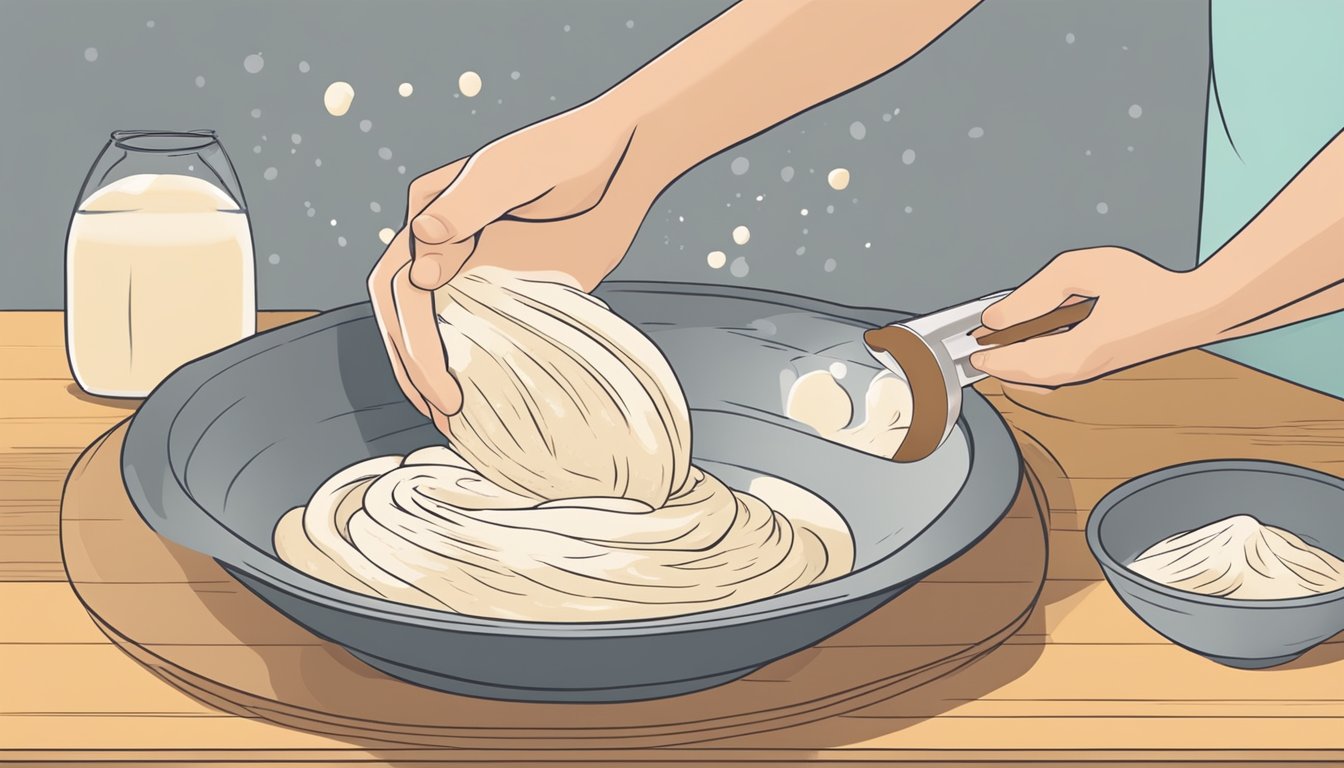 A pair of hands mixing masa harina with water in a large bowl, forming a smooth and pliable dough