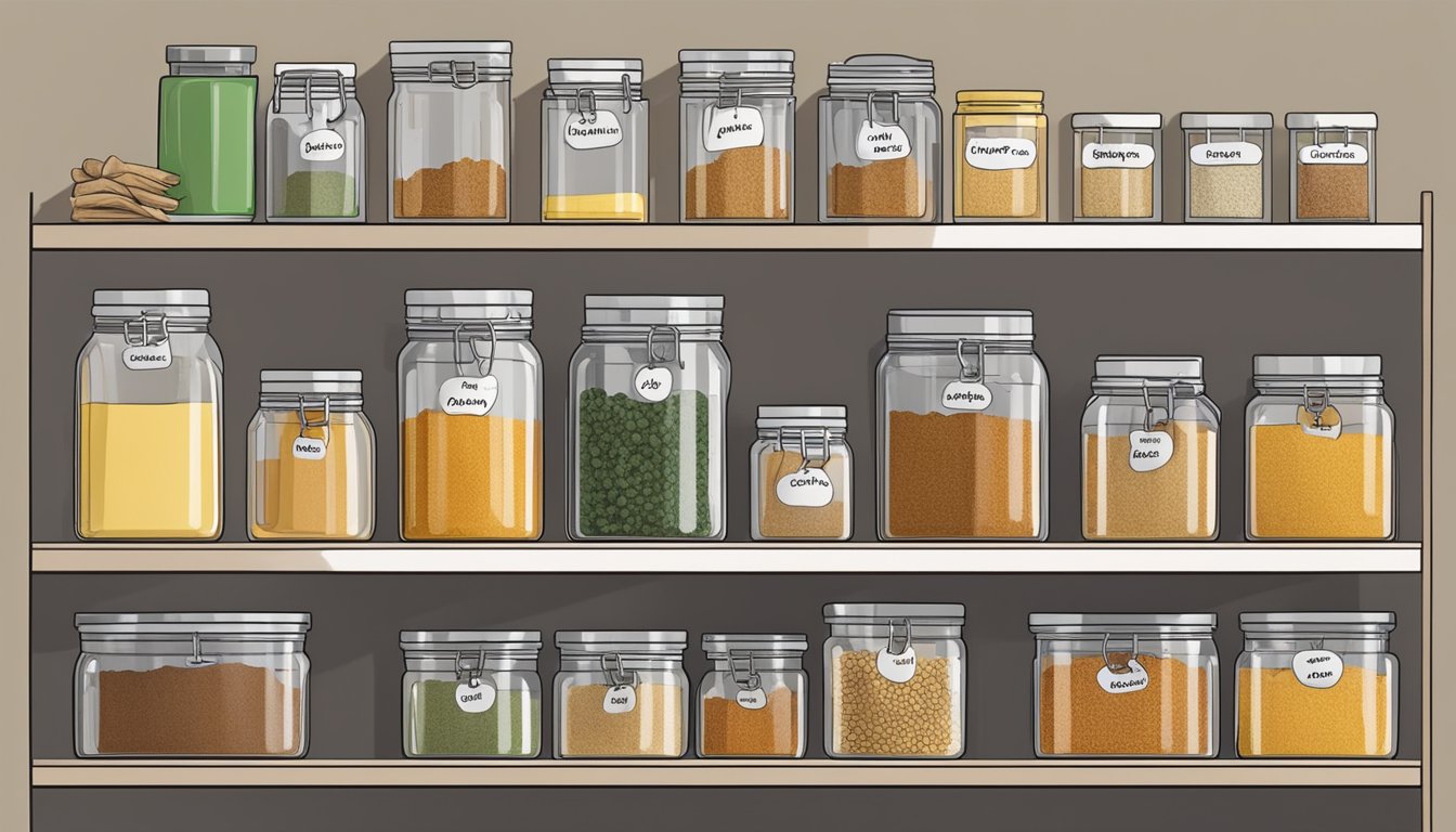 A pantry shelf with various spice containers, including a jar of curry powder, next to a labeled guide on shelf life and storage tips