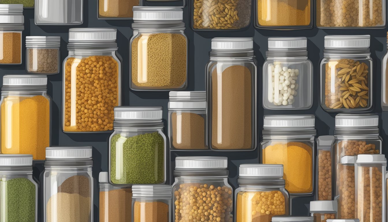 A pantry shelf with various spice containers, including a jar of curry powder, sealed and labeled with a best-by date