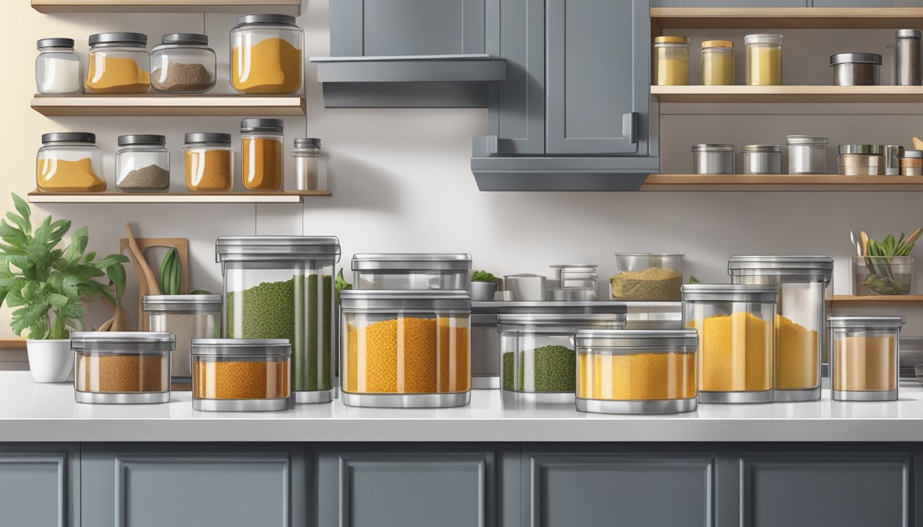 A kitchen counter with a variety of containers - some open, some unopened - filled with curry powder. Shelves in the background hold additional containers