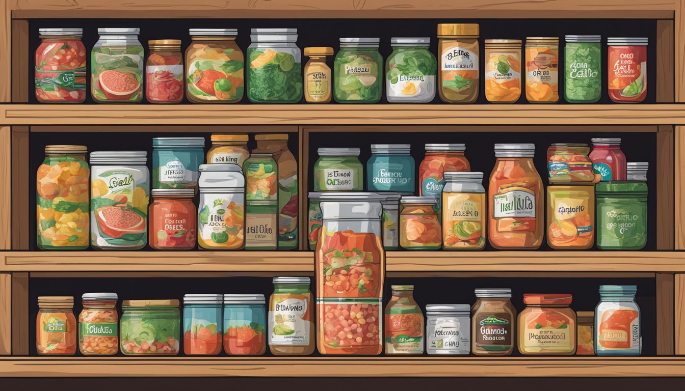 A jar of pico de gallo sits on a pantry shelf, surrounded by other canned and bottled goods. The label is facing out, showing the expiration date