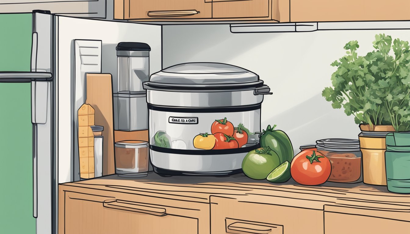 A bowl of pico de gallo sits on a kitchen counter next to a refrigerator. The lid is slightly ajar, and the ingredients are starting to look wilted and discolored