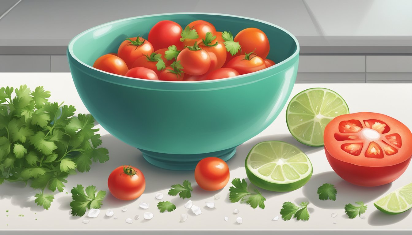 A bowl of vibrant, freshly chopped tomatoes, onions, and cilantro, with a sprinkling of salt and lime juice, sits on a clean, white countertop