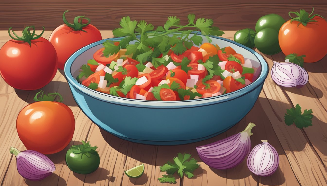 A colorful bowl of fresh pico de gallo sits on a wooden table, surrounded by vibrant tomatoes, onions, and cilantro. A jar of preservatives sits nearby