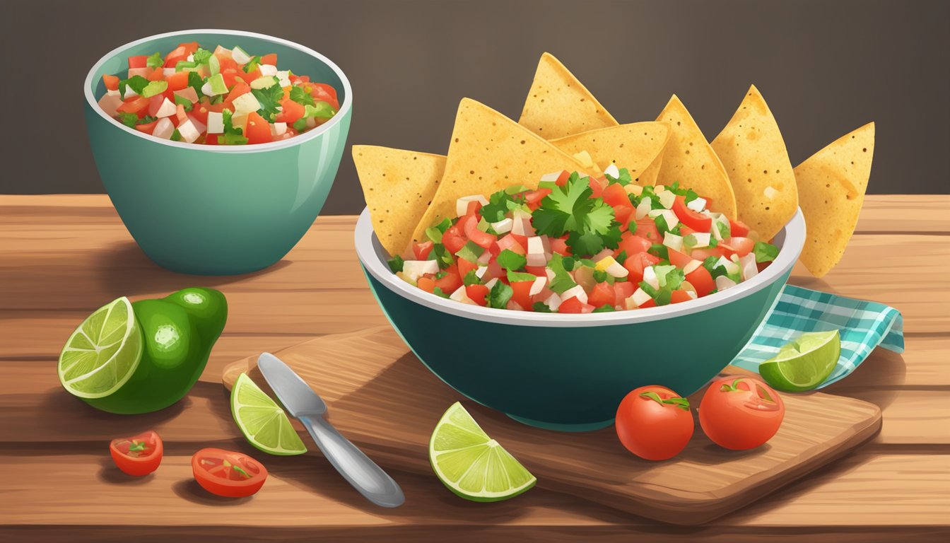 A bowl of fresh pico de gallo sits on a wooden cutting board next to a pile of tortilla chips and a plate of tacos