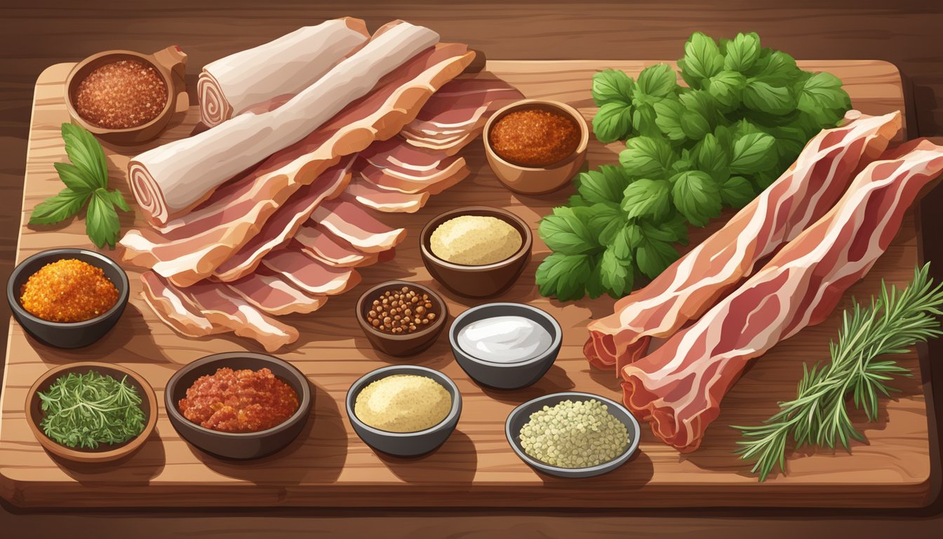 A variety of bacon types arranged on a wooden cutting board with accompanying herbs and spices