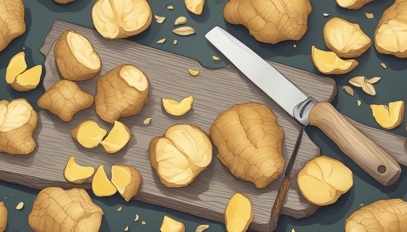 A fresh ginger root sits on a clean cutting board, surrounded by scattered pieces of ginger peel. A knife is poised to slice through the root