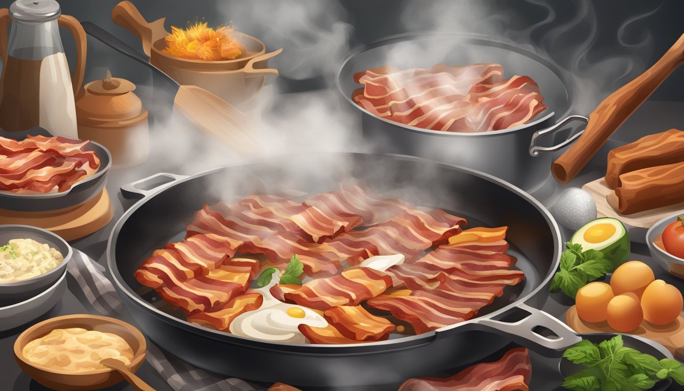 A sizzling pan of bacon surrounded by various ingredients and cooking utensils, with steam rising and a mouthwatering aroma filling the air