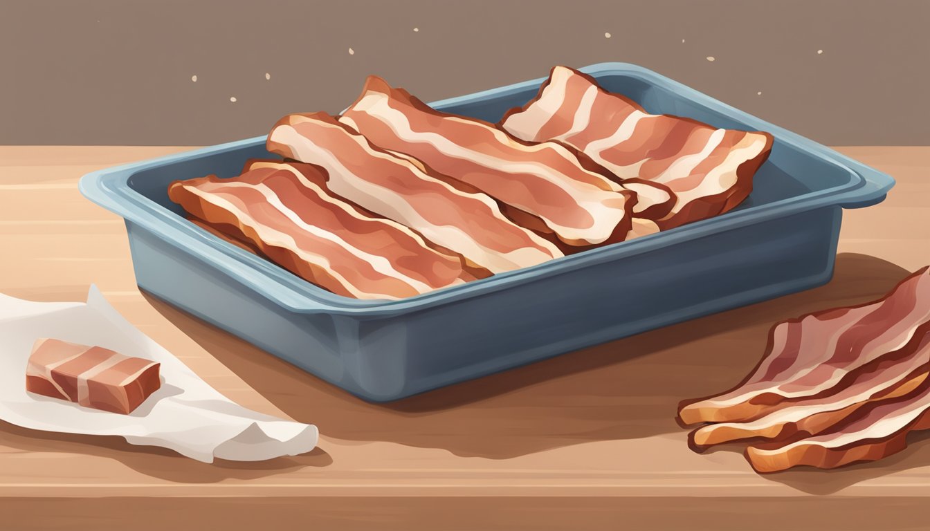 A package of bacon sits opened on a kitchen counter, surrounded by a faint odor and small patches of discoloration