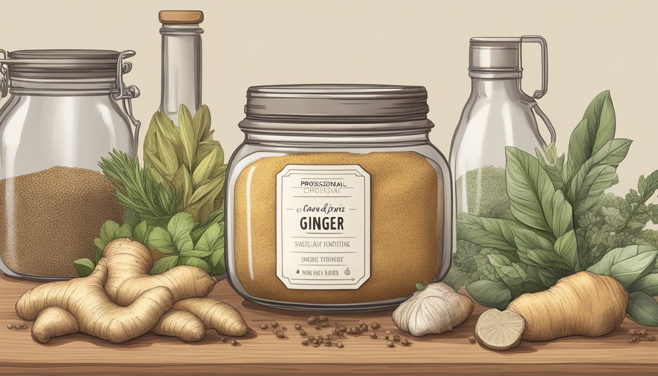 A jar of ground ginger sits on a kitchen counter, surrounded by various spices and herbs. The label is faded, hinting at its age