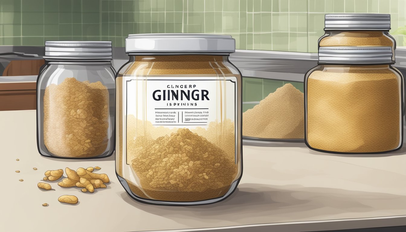 A jar of ground ginger sits on a kitchen counter, with visible signs of spoilage such as clumping and discoloration