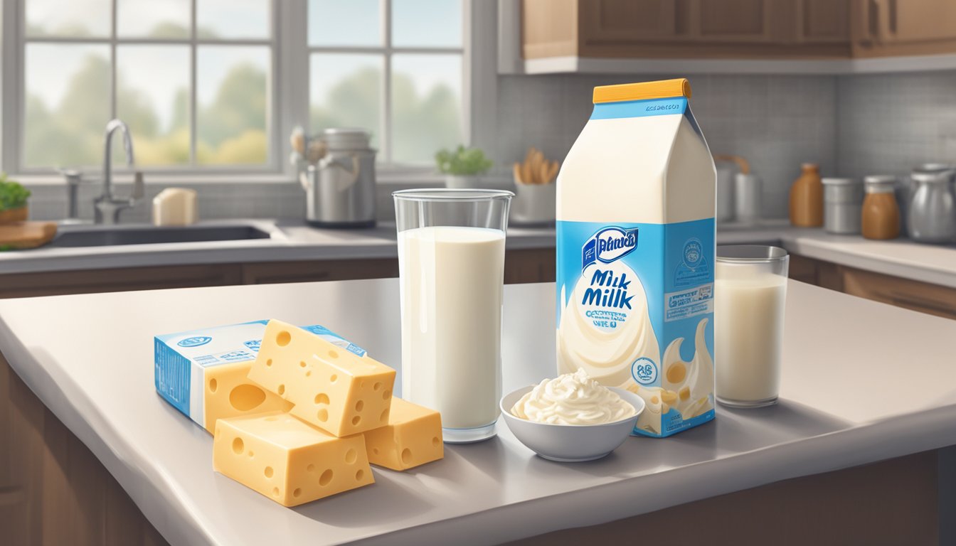 A carton of milk sits on a kitchen counter, surrounded by various dairy products. The expiration date on the carton is clearly visible