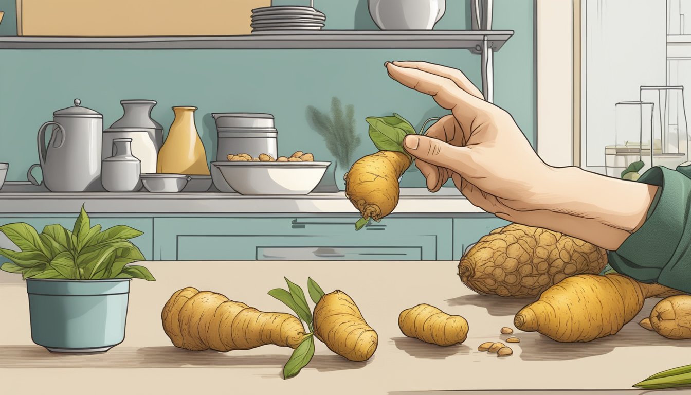 A hand reaching for a fresh ginger root in a kitchen pantry