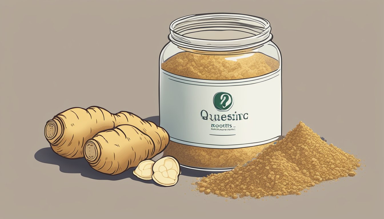 A pile of fresh ginger roots next to a jar of ground ginger, with a question mark hovering above the jar