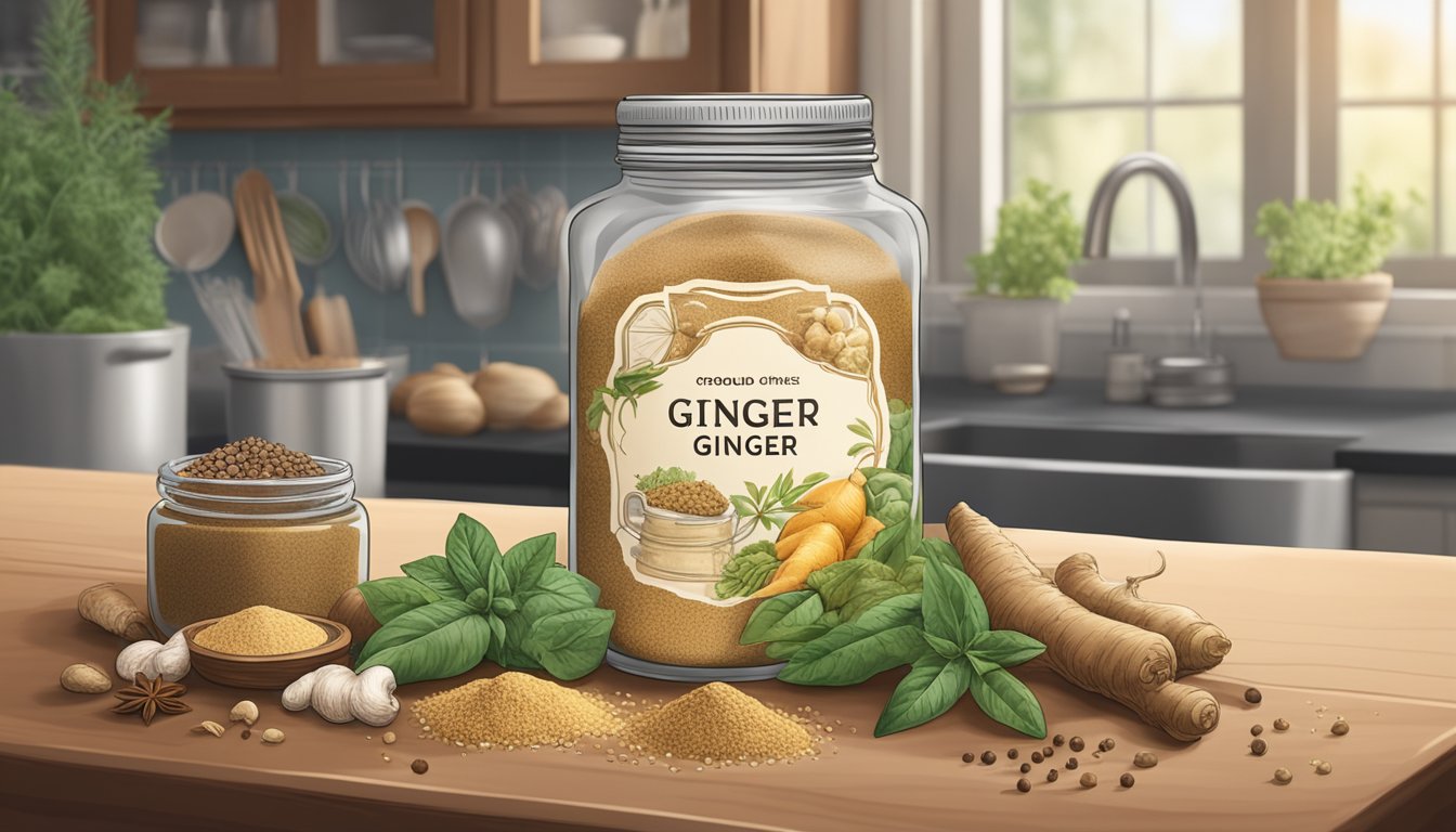 A jar of ground ginger sits on a kitchen countertop, surrounded by various spices and herbs. The label on the jar is slightly faded, indicating it has been used before