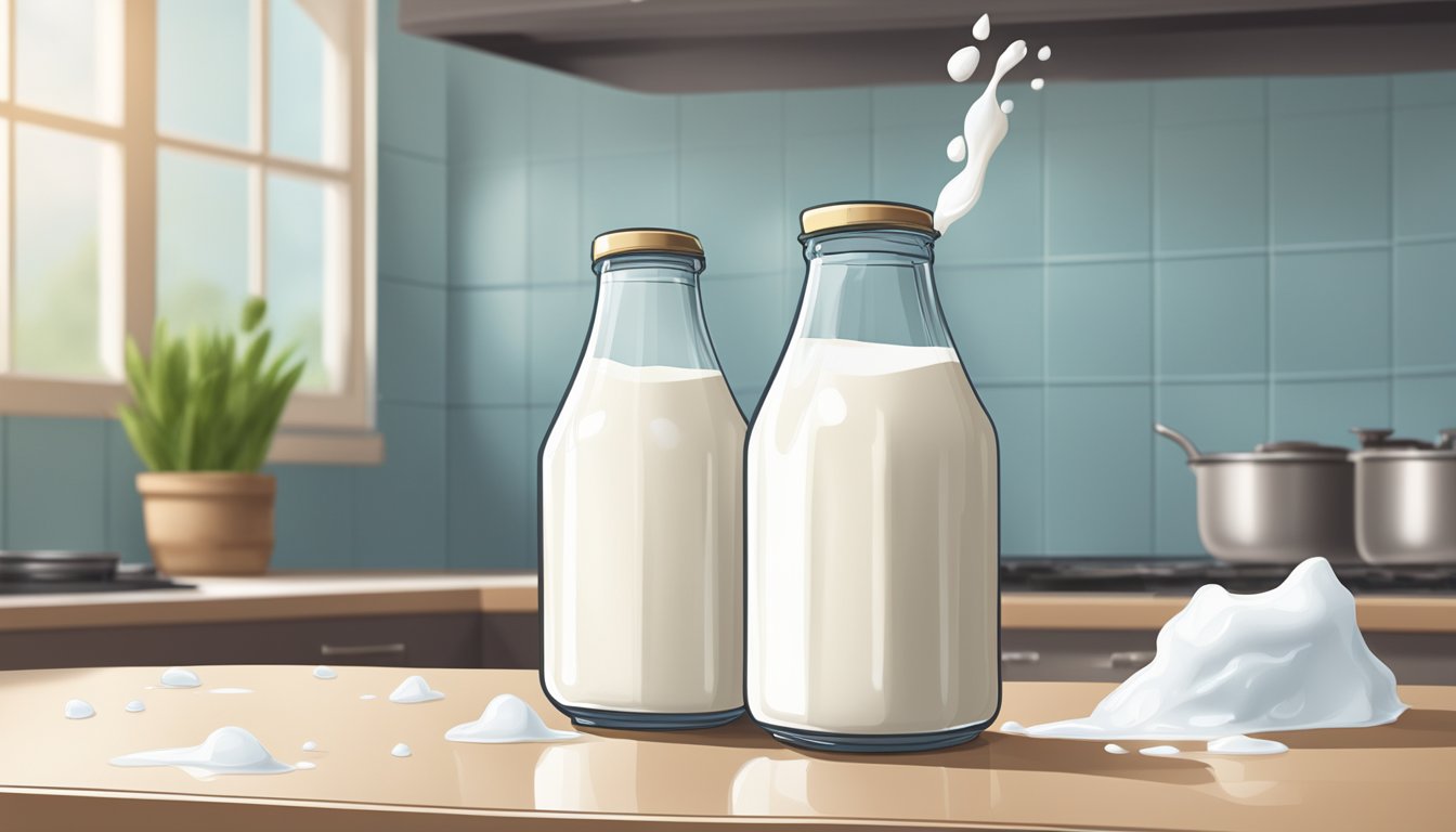 A carton of milk sitting on a kitchen counter with a faint sour smell, surrounded by a few spilled drops