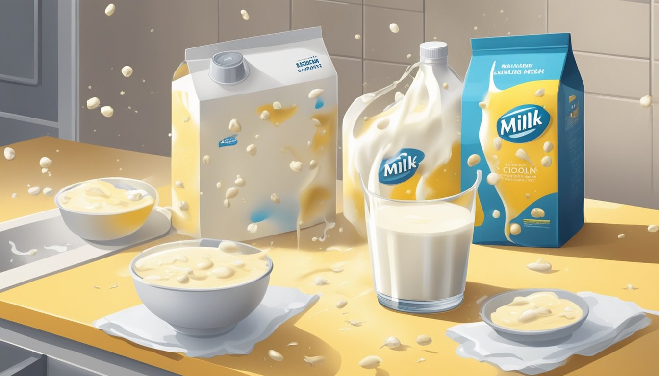 A carton of milk sits on a kitchen counter, surrounded by flies and emitting a foul odor. The milk has curdled and turned a sickly yellow color