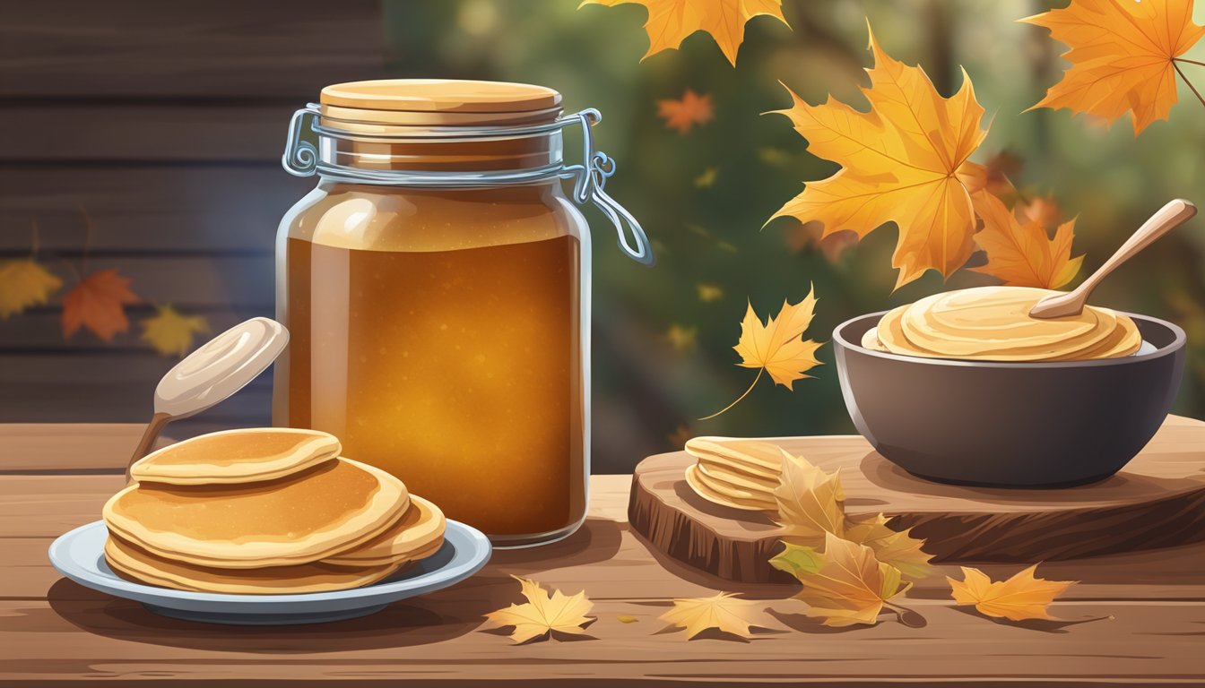 A jar of maple sugar sits on a rustic wooden table, surrounded by maple leaves and a small pile of pancakes