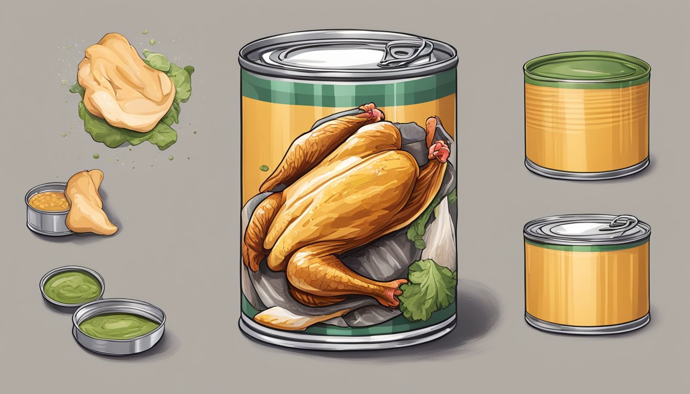 An open can of chicken with a foul odor and discolored, slimy meat inside