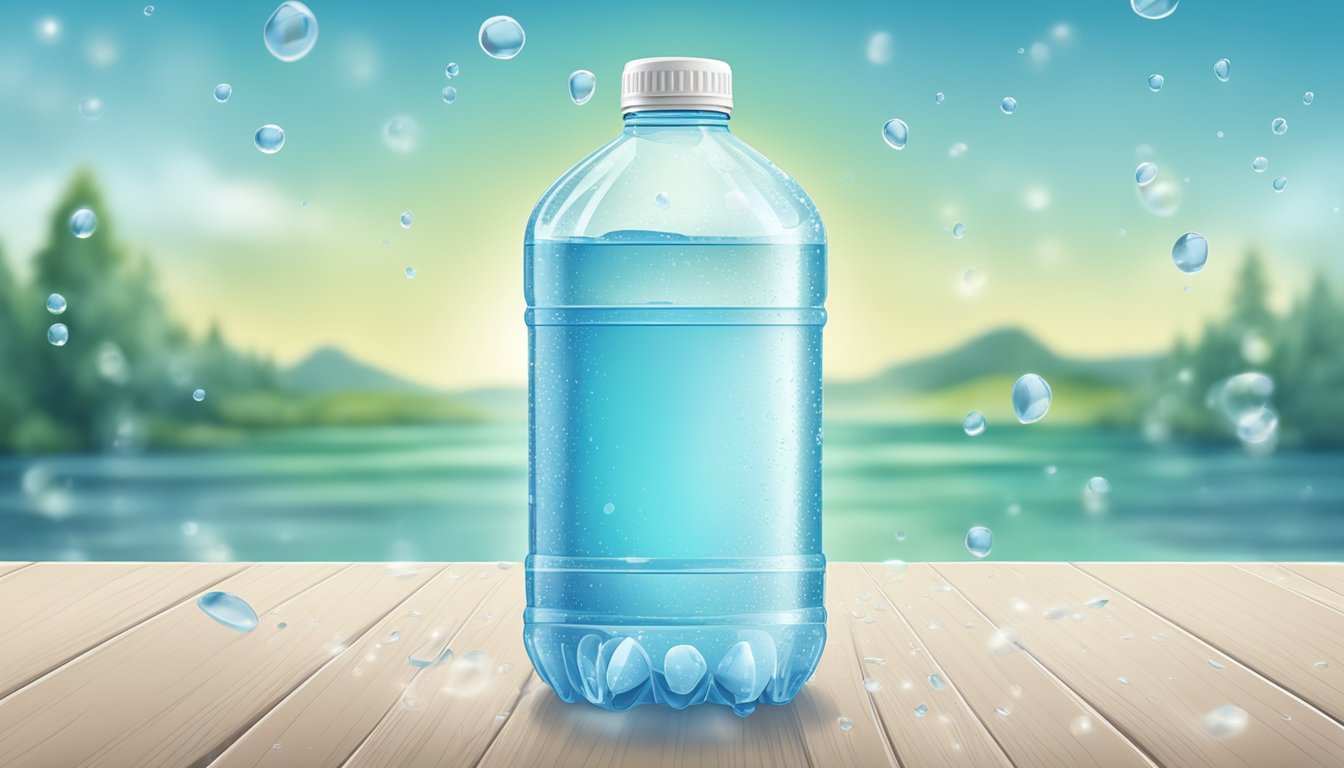 A clear plastic water bottle with a label, surrounded by water droplets