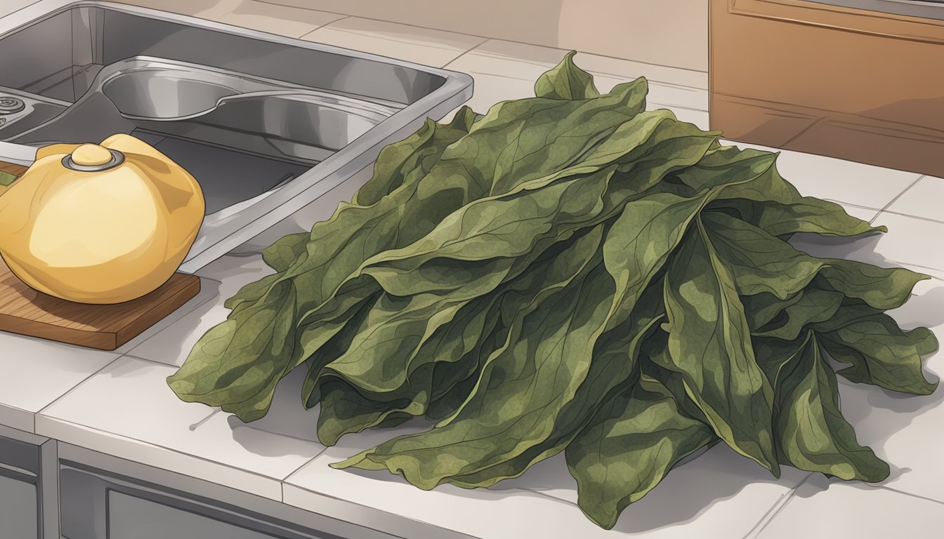 A piece of wilted and discolored kombu lies on a kitchen counter, with a foul odor emanating from it