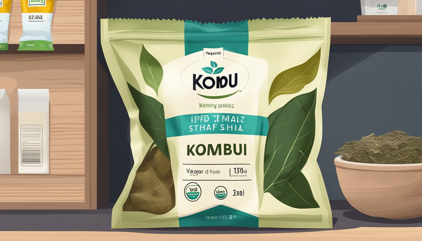 A package of dried kombu sits on a pantry shelf, with a clearly marked expiration date visible on the packaging