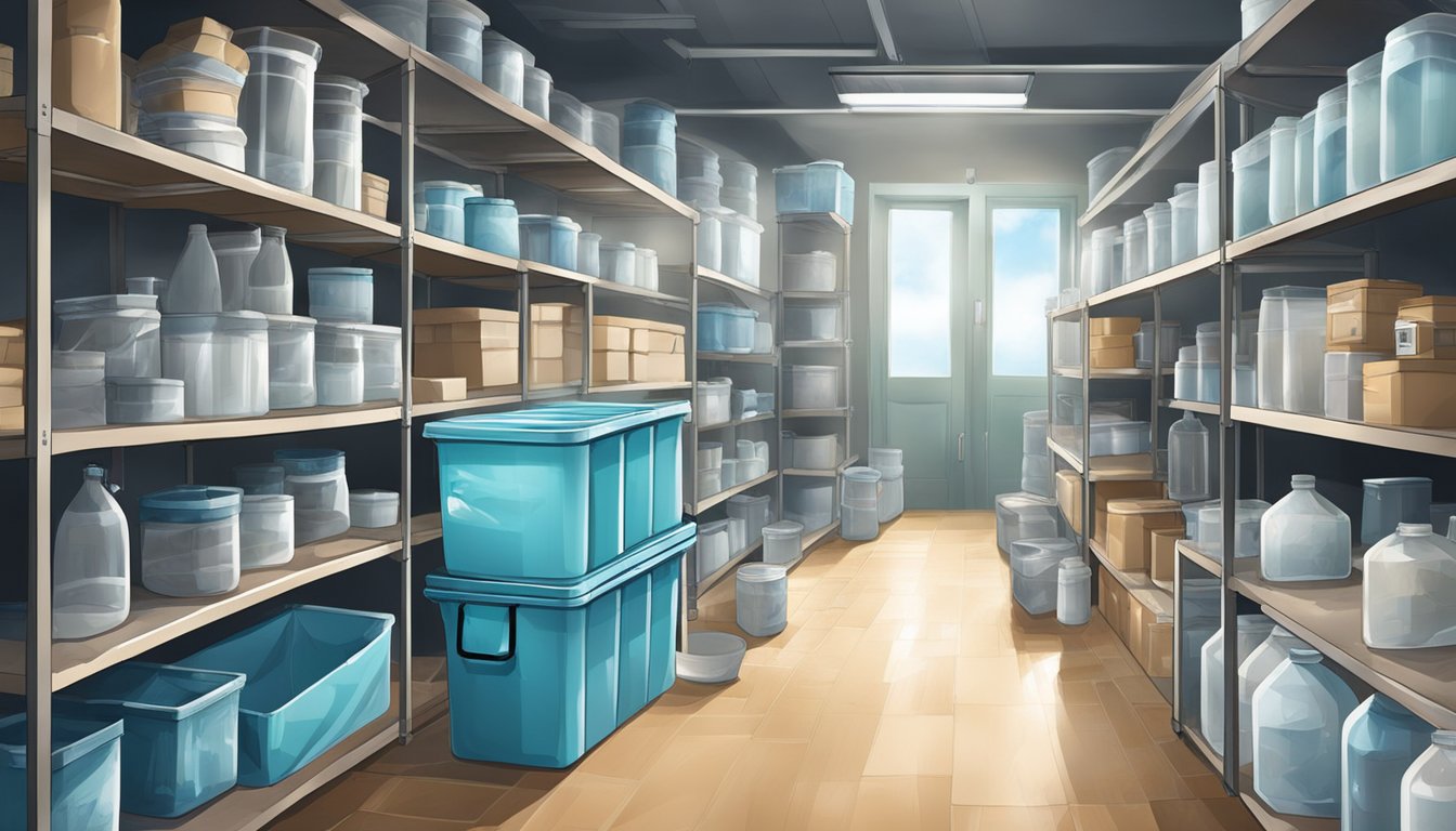 A cluttered storage room with various containers of water, some clear and fresh, others cloudy and stagnant. Temperature variations and exposure to light evident