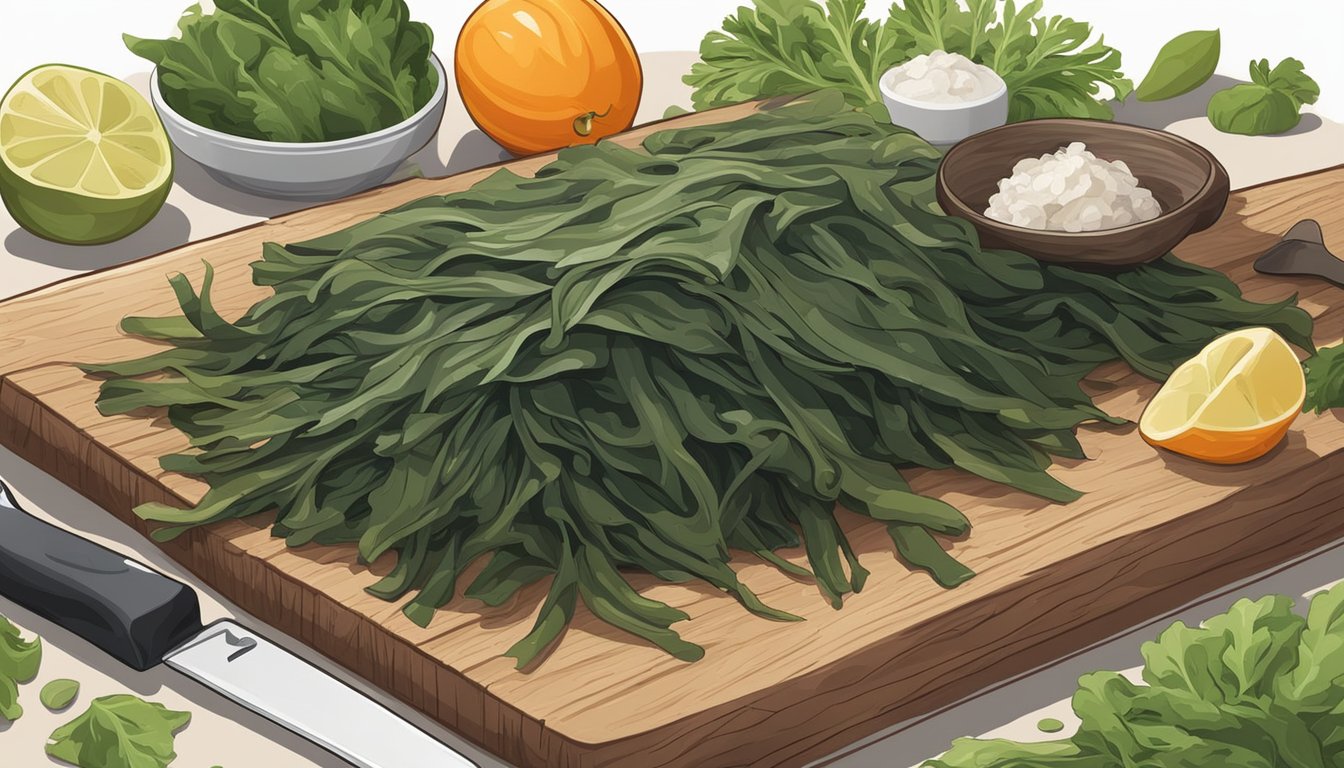 A pile of fresh kombu seaweed sits on a wooden cutting board, surrounded by various vegetables and a cutting knife