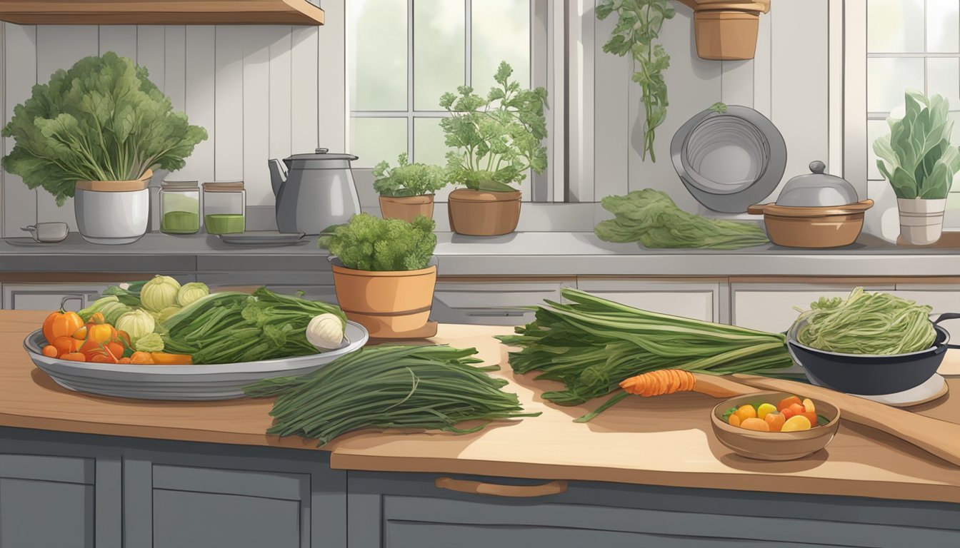 A kitchen counter with a bundle of dried kombu, a pot, and various vegetables