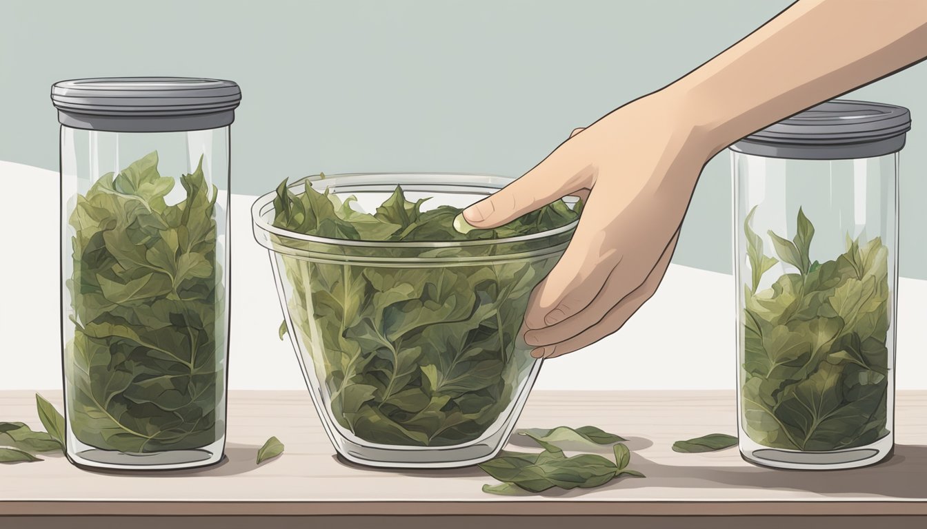 A hand reaching into a glass container filled with leftover kombu, inspecting it for signs of spoilage