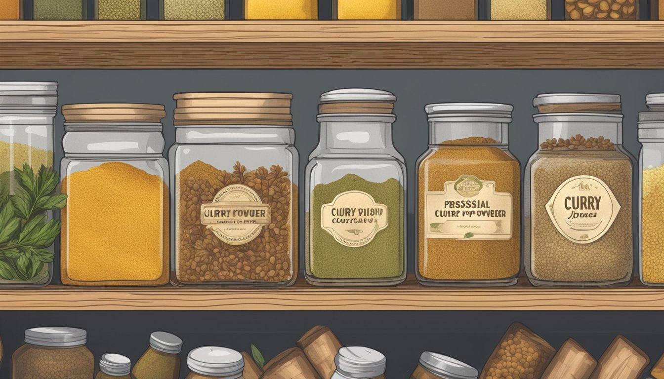 A jar of curry powder sits on a shelf, surrounded by various spices and herbs. The label is faded, hinting at its age