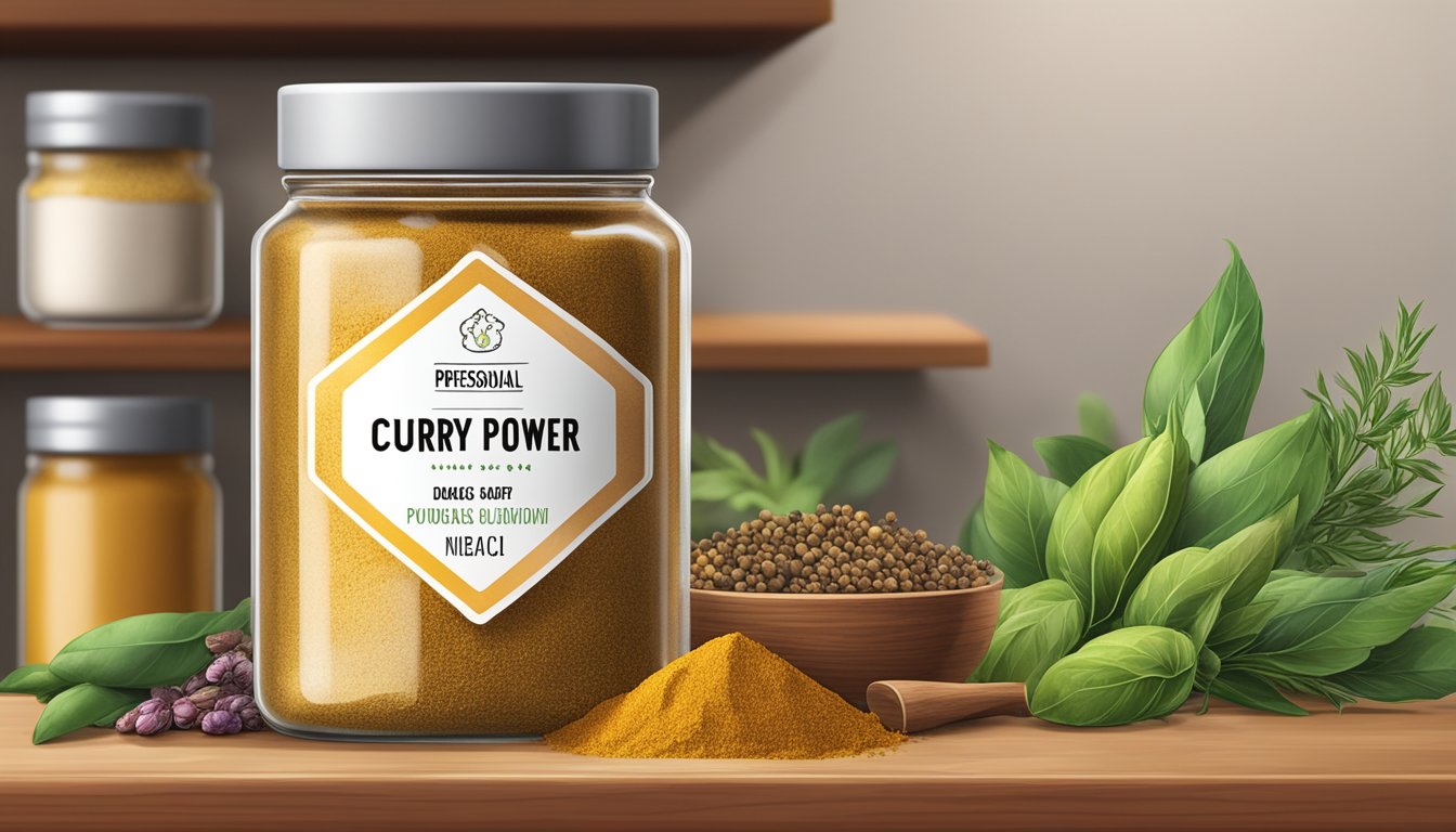 A glass jar of curry powder sits on a shelf, surrounded by other spices and herbs. The label is faded, but the powder inside is still vibrant and aromatic