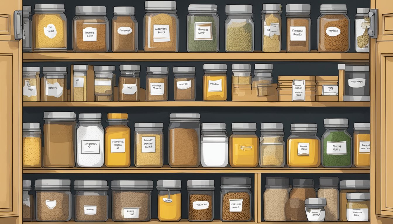 A kitchen cabinet filled with various spices, including a container of curry powder with a "best by" date label