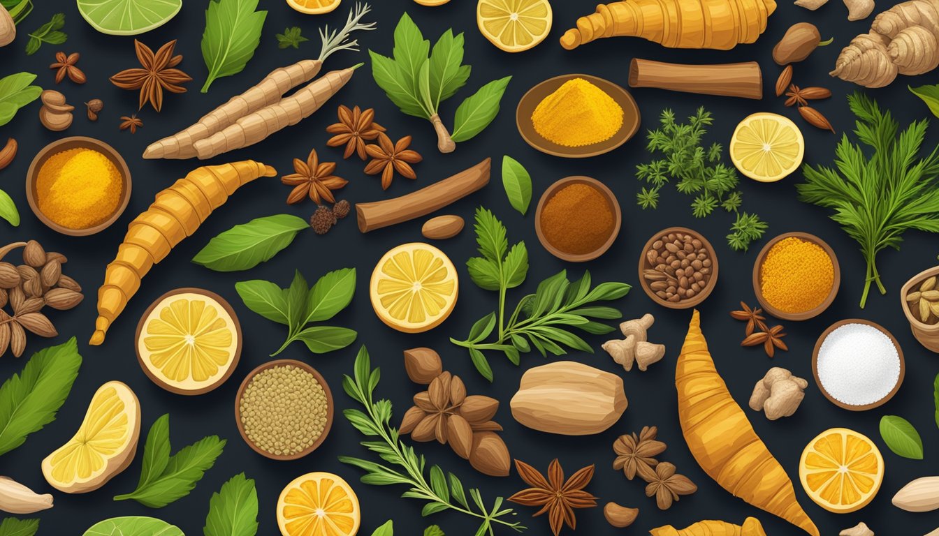 A variety of aromatic spices and herbs, such as turmeric, cumin, coriander, and ginger, are arranged in a colorful array, ready to be mixed and ground into a flavorful curry powder blend