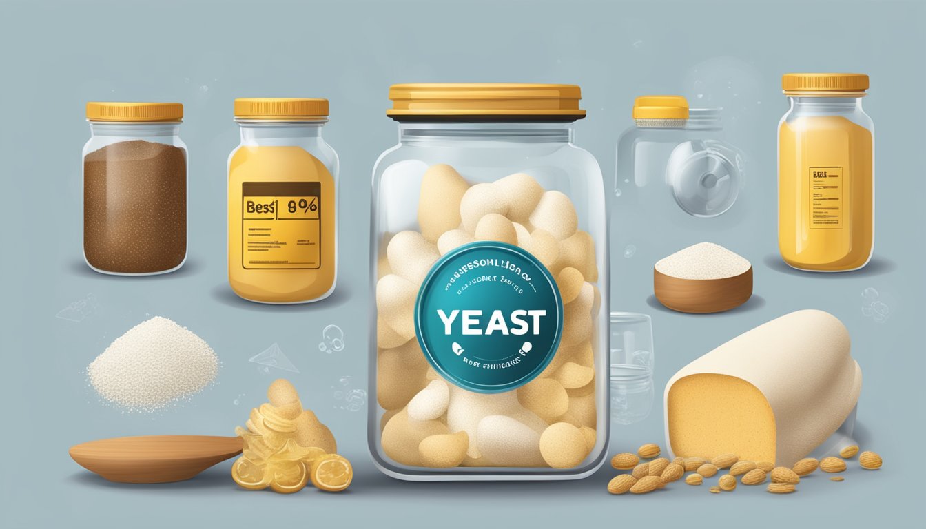 A jar of yeast with a best before date, surrounded by various safety and health symbols and warnings