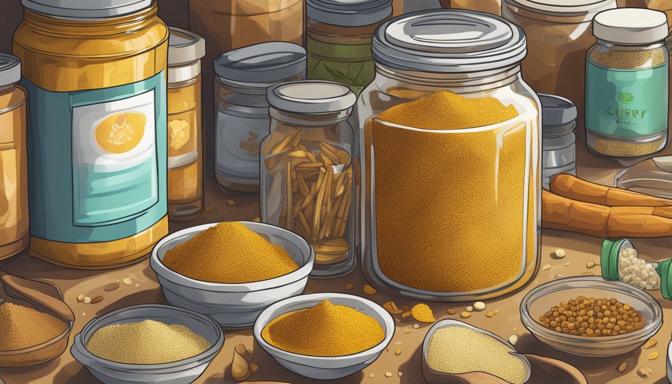 An open jar of curry powder surrounded by various expired food items in a cluttered pantry