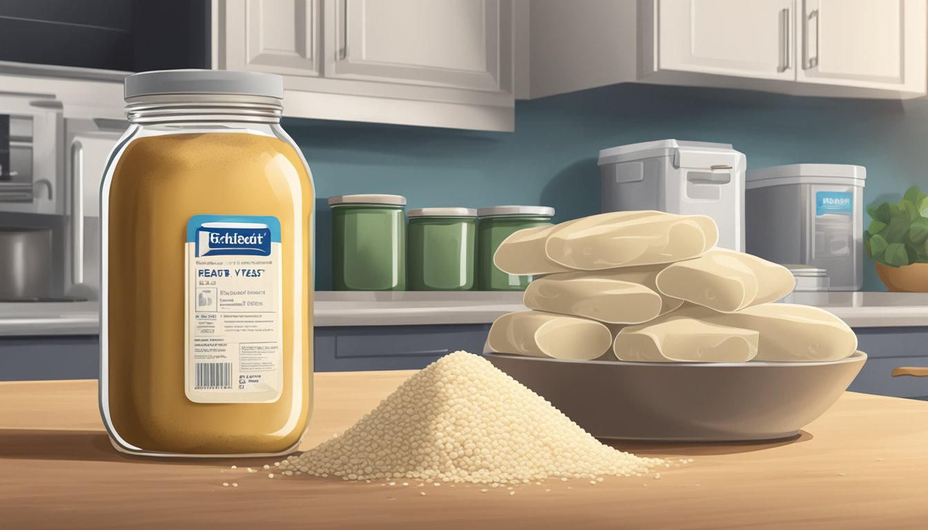 A jar of expired yeast next to fresh yeast packets on a kitchen counter