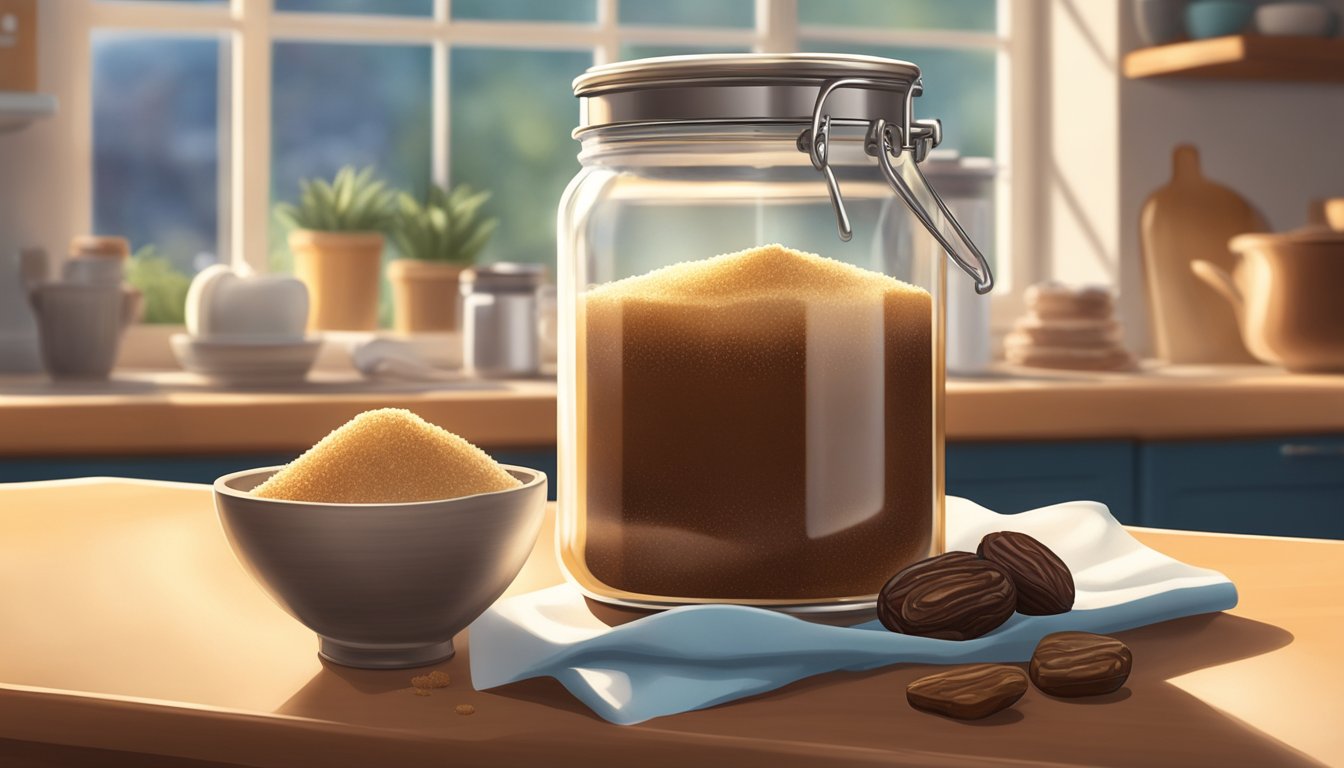 A jar of date sugar sits on a kitchen counter, surrounded by a variety of baking ingredients. The warm sunlight streams in through the window, casting a soft glow on the jar