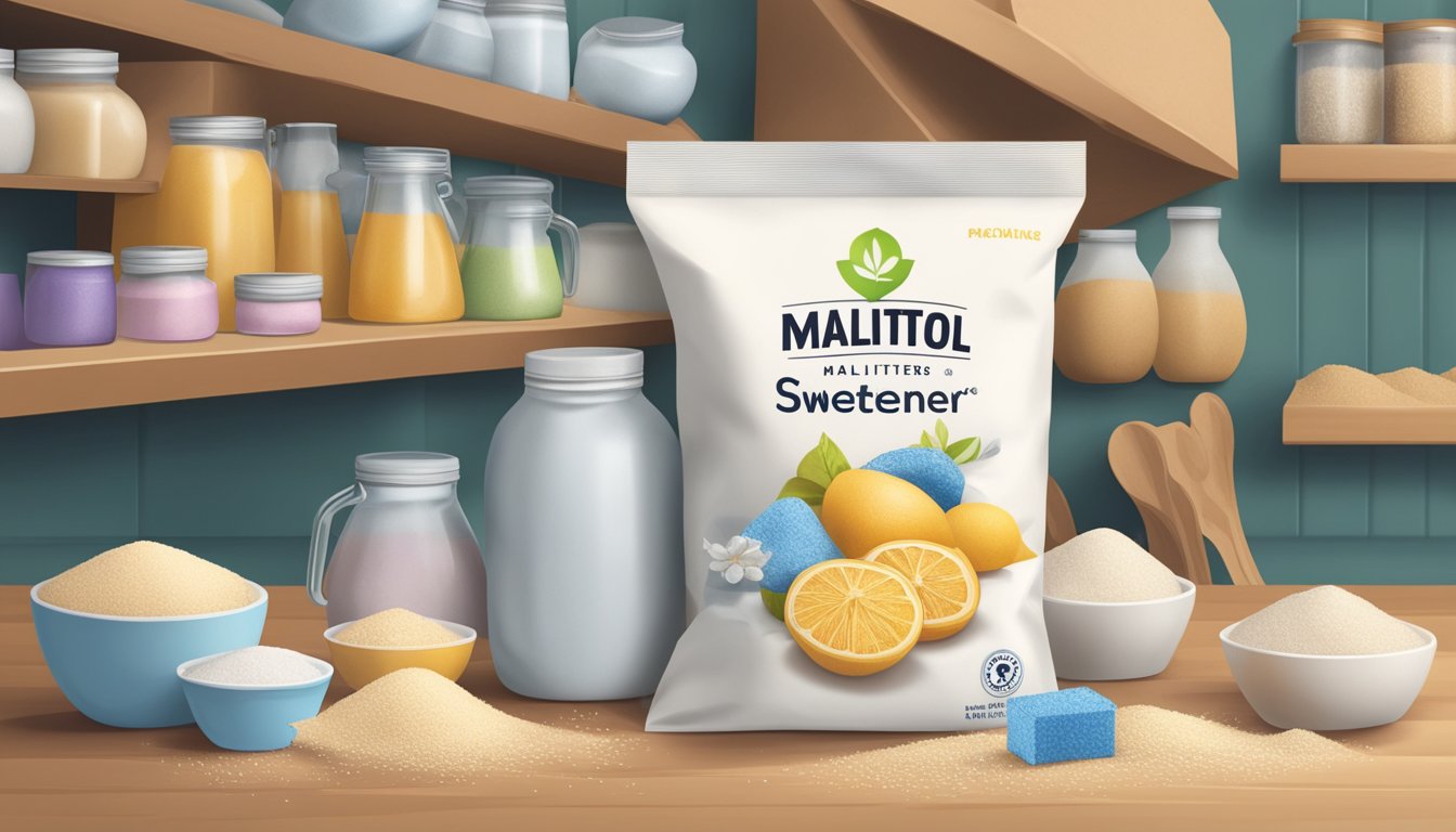 A bag of maltitol sweetener sits on a shelf, surrounded by other baking ingredients. The packaging is intact and the contents appear dry and free from clumps