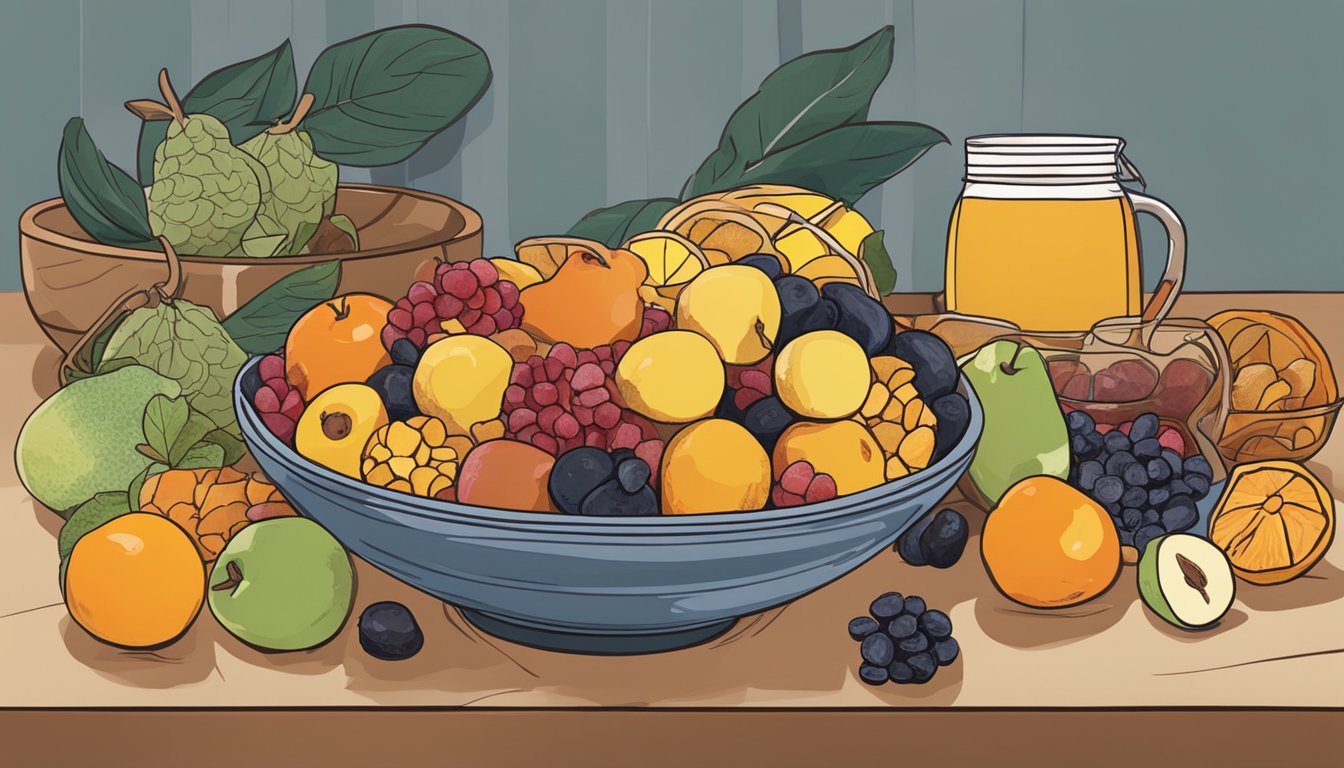 A bowl of dried fruit sits on a kitchen counter, surrounded by fresh fruits. The dried fruit varies in color and texture, with some pieces appearing shriveled and others plump and juicy