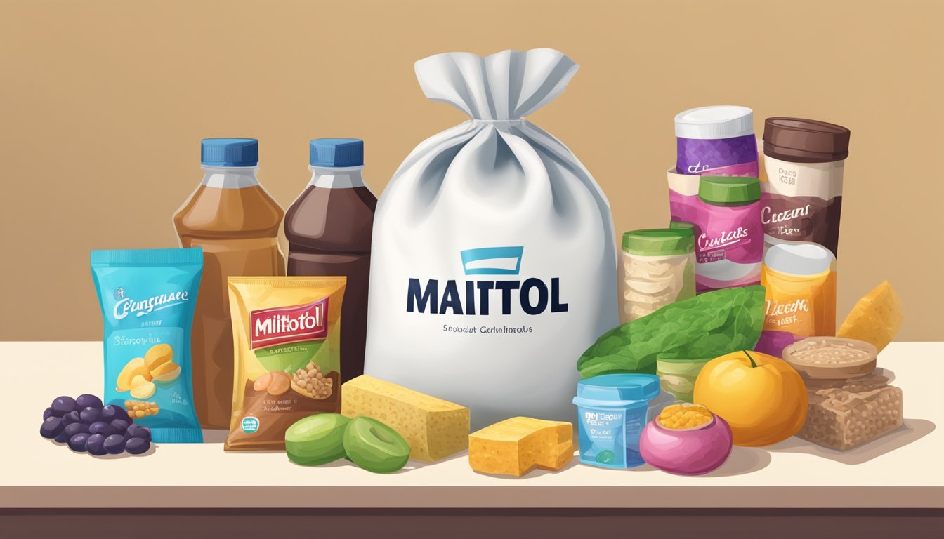 A bag of maltitol sits on a shelf, surrounded by various food products