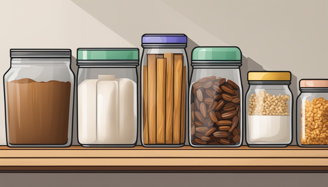 Airtight container of date sugar on a shelf, surrounded by other pantry items