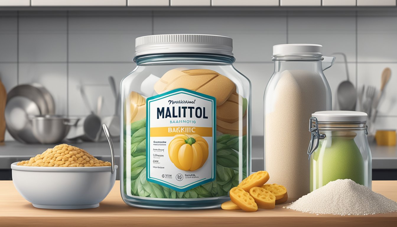 A jar of maltitol sits on a kitchen countertop, surrounded by various baking ingredients and utensils. The label on the jar indicates its expiration date