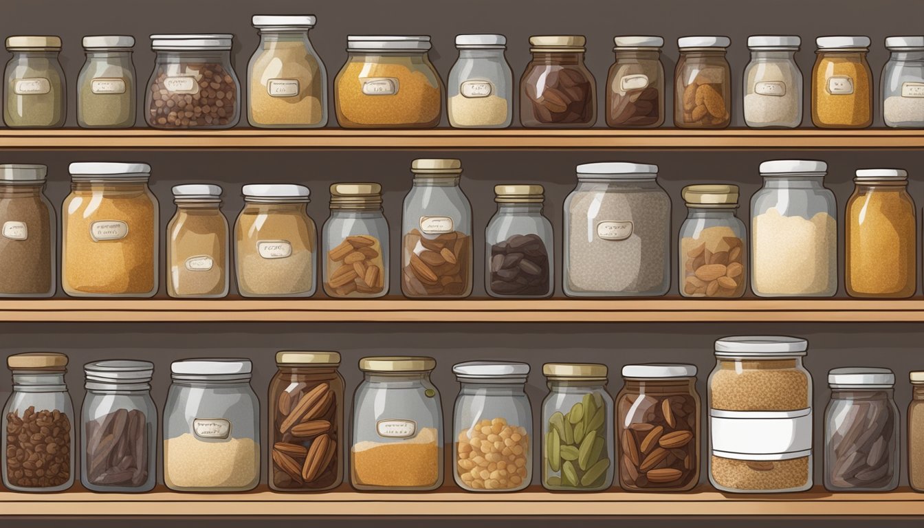 A glass jar of date sugar sits on a shelf surrounded by various preserved foods. The jar is labeled with the date of preservation