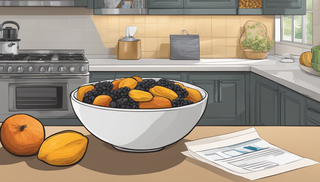 A bowl of dried fruit sits on a kitchen counter next to a "best by" date label