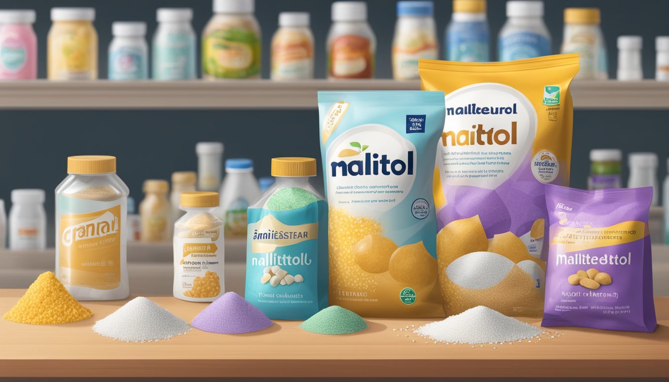 A bag of maltitol sits on a shelf, surrounded by other sweeteners. Some of the granules have clumped together, indicating potential spoilage