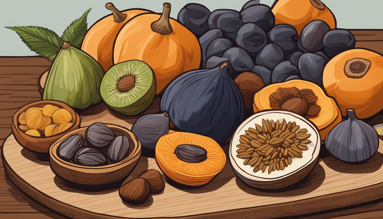 A variety of dried fruits arranged on a wooden cutting board, including apricots, figs, and dates, with some starting to shrivel and darken